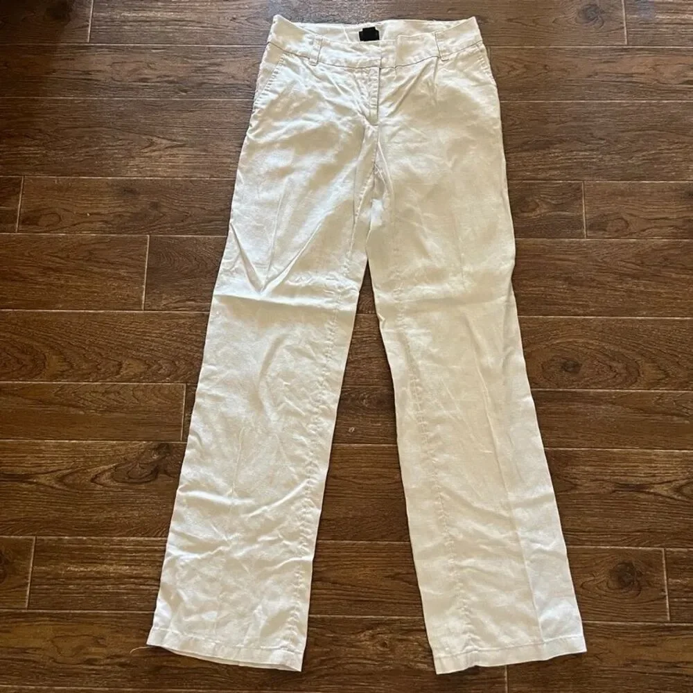H&M Womens 100% Linen Straight Leg Pants Womens Size 4 Ivory Casual Beach